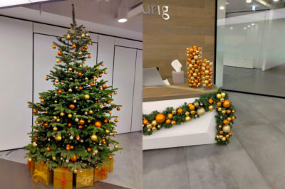 A real Christmas tree and festive garland installation for prestigious offices at The Shard, London